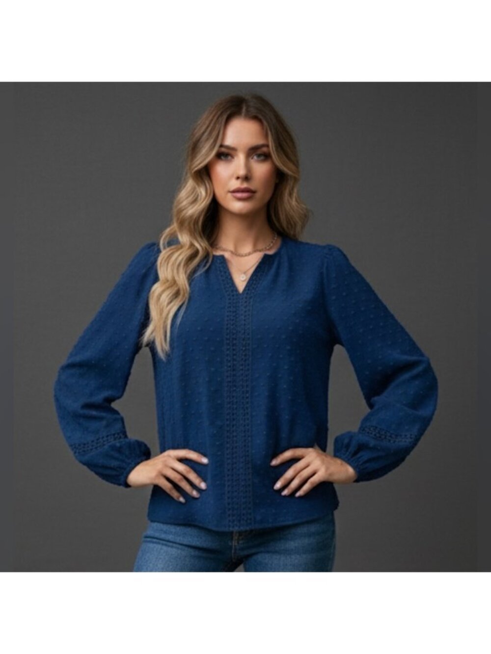 Swiss Dot Guipure Lace Insert Lantern Sleeve Blouse Blue
